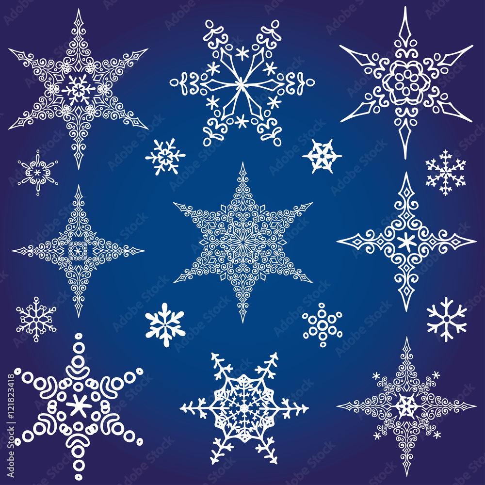 Snowflakes icon collection.Winter crystal star shape Snowflakes icon collection.Winter crystal star shape