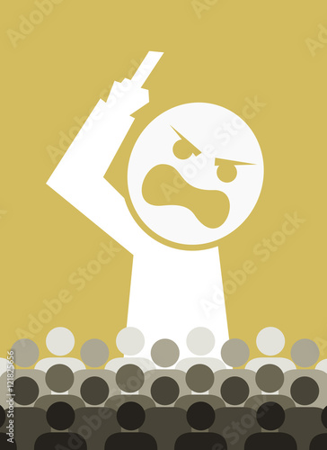 Big ruler / boss / chief is commanding and shouting on inferior people from position of superiority - authoritarianism, dominance, aggression and oppression