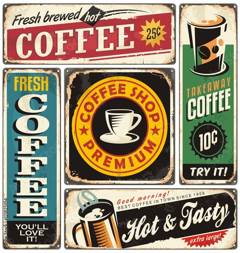 Coffee shop retro metal signs collection. Vintage coffee label templates. 
