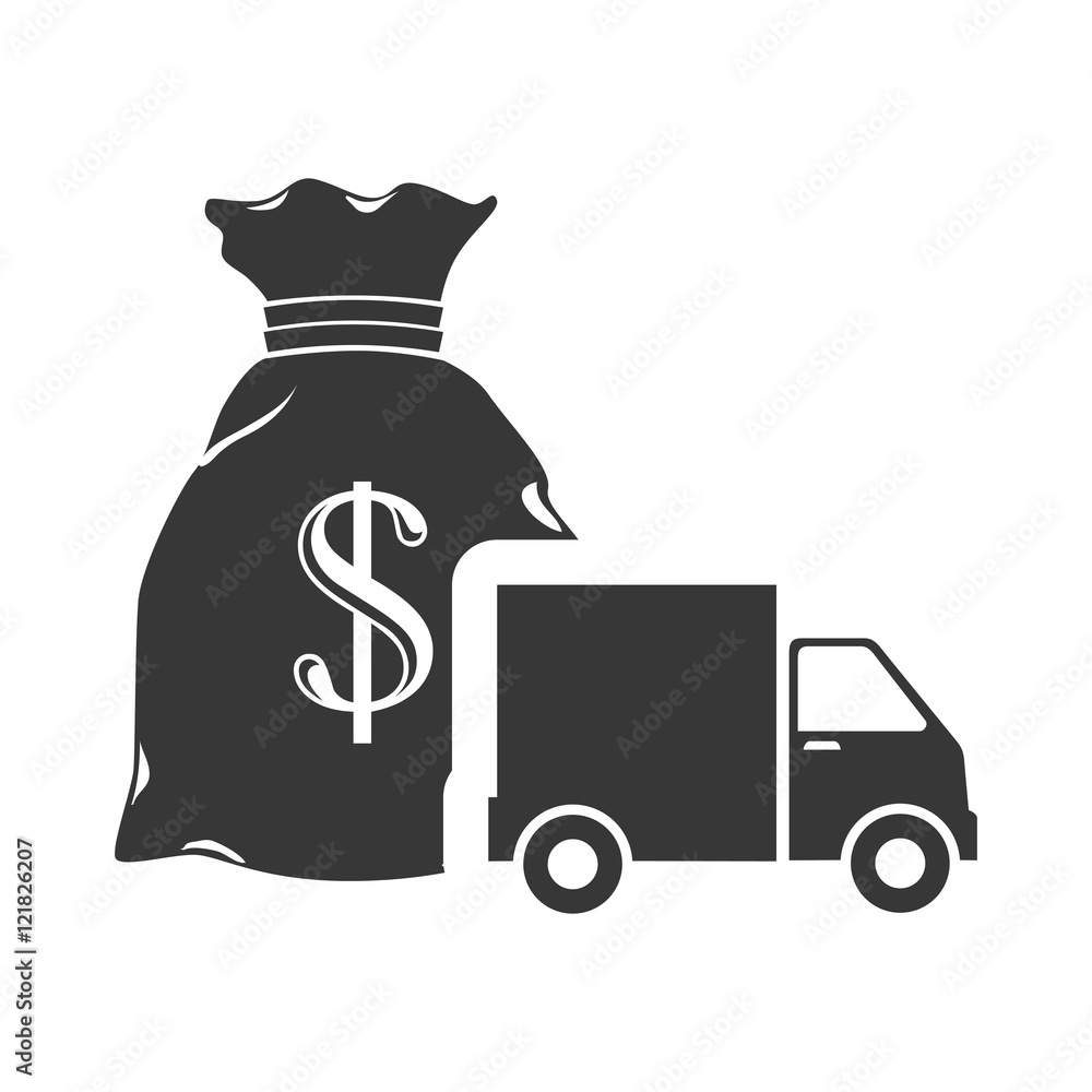 sack with money symbol and cargo truck icon silhouette. vector illustration sack with money symbol and cargo truck icon silhouette. vector illustration