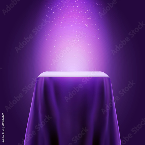 Presentation pedestal covered with a violet silk cloth and magic lights effect. Eps10 vector illustration.