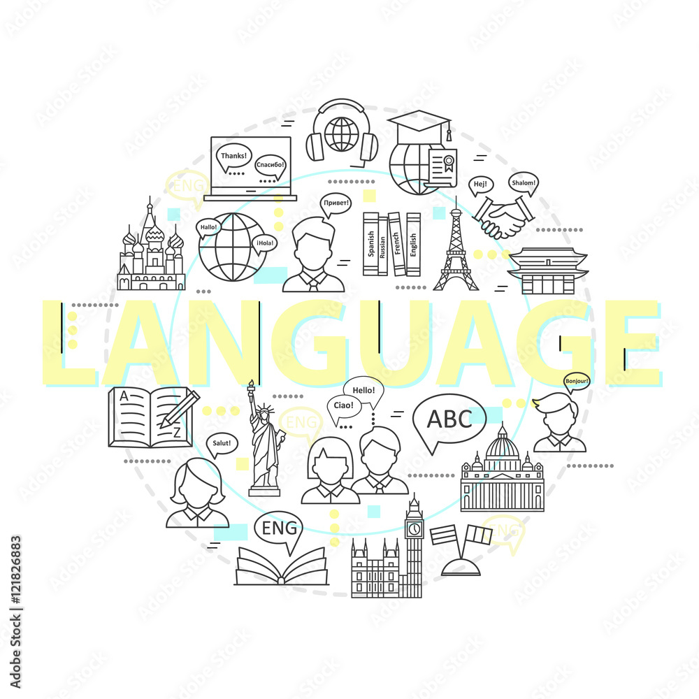 Modern thin line concepts of learning foreign languages, language training school.