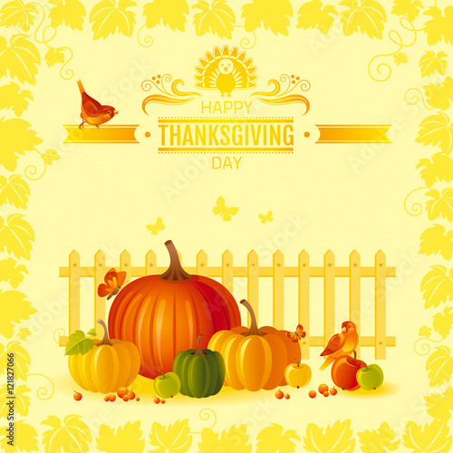 Vector illustration of beautiful autumn still life on sunny background in modern elegant style, text lettering, copy space. Countryside fall farm thanksgiving symbols - fruits and vegetables, pumpkin