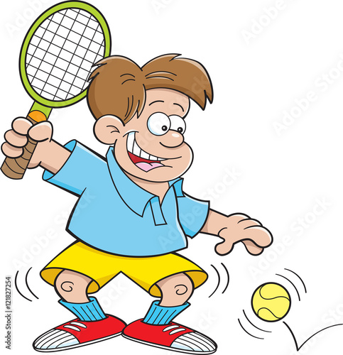 Cartoon illustration of a boy playing tennis.