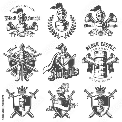 Set of monochrome knights emblems, badges, labels and logos. On white background
