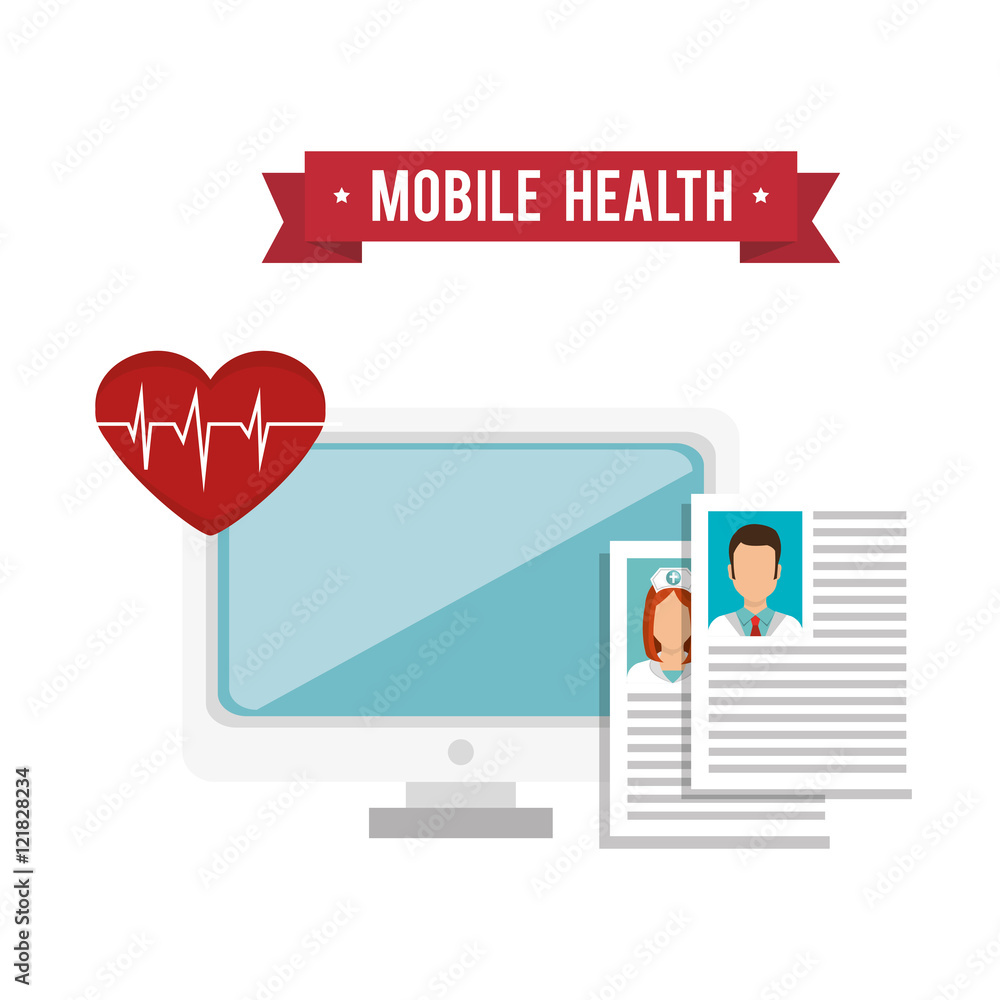 computer monitor and medical report pages and cardio pulse heart. mobile health design. colorful vector illustration computer monitor and medical report pages and cardio pulse heart. mobile health design. colorful vector illustration