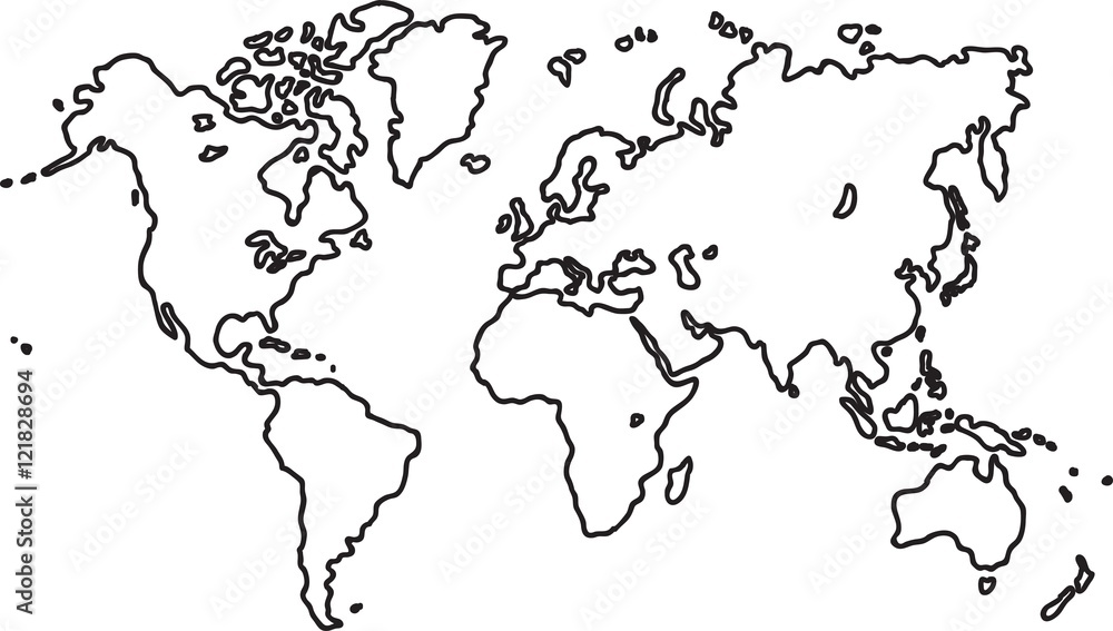 Freehand world map sketch on white background.