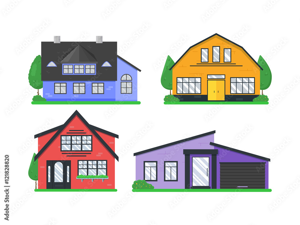 Detailed colorful flat cottage houses icons set. Collection of modern buildings exterior isolated on white. Real estate. Create your city with these objects or use for banners. Vector illustration