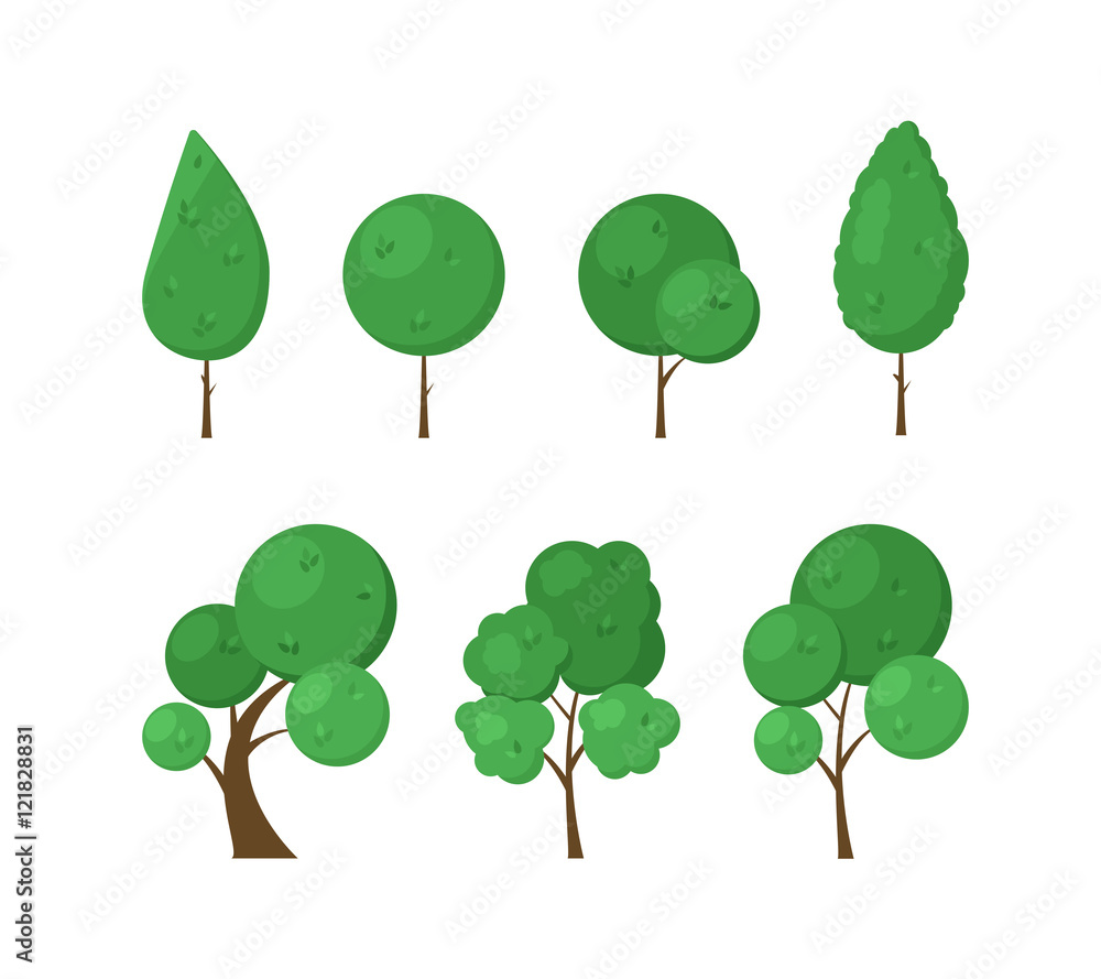 Set of icons flat trees isolated on white background. Elements of green forest, park or garden for city decoration. Natural objects for the game. Vector illustration.