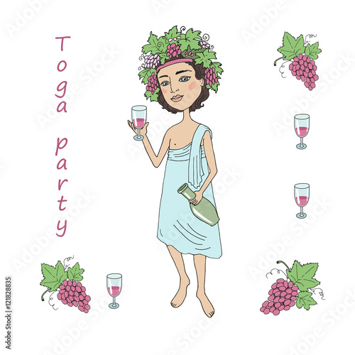 God of wine Bacchus with a glass of wine in hand. Invitation to toga party