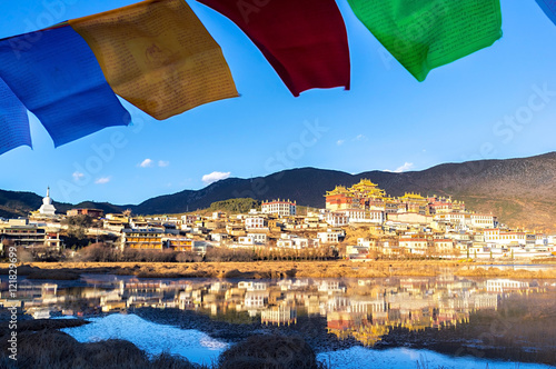 Songzanlin Tibetan Buddhist Monastery and Lamuyangcuo Lake located at Shangri-La (Zhongdian), Yunnan, China.