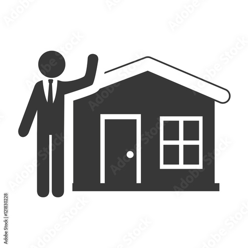 avatar business man wearing suit and tie and house property icon silhouette. vector illustration