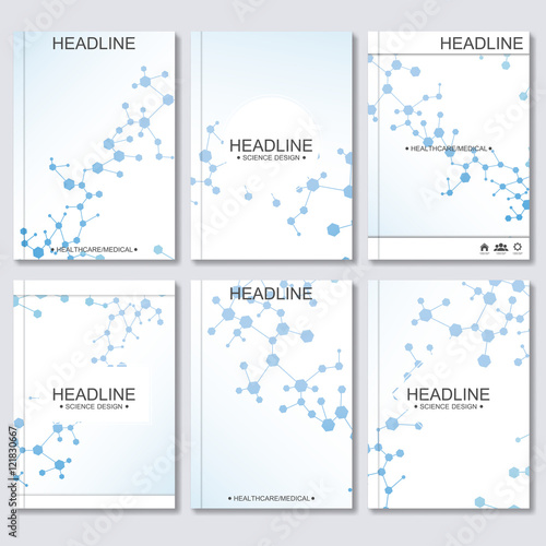 Science vector background. Modern vector templates for brochure, flyer, cover magazine or report in A4 size. Molecule structure and communication on the blue background.