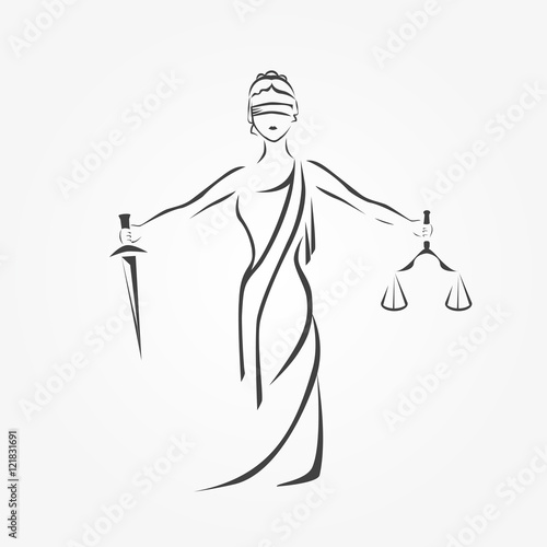 Justice Goddess Themis, lady justice Femida. Stylized contour vector. Blind woman holding scales and sword.