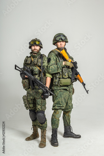 Group of russian soldiers on white background