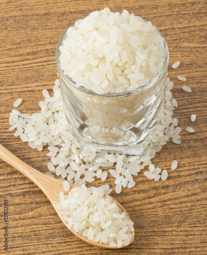 Japanese Rice in Wooden Spoon and Glass Cup