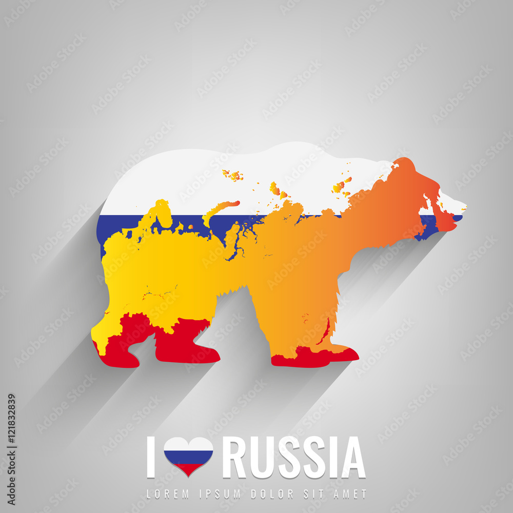 National Russia symbol Bear with an official flag and map silhouette. Russian Federation. Vector