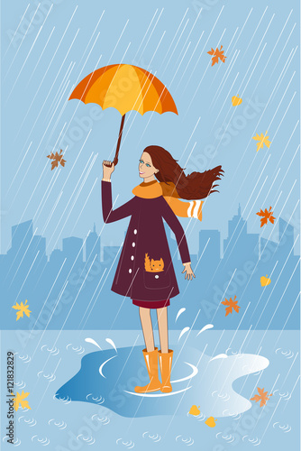 Pretty girl with a cat in pocket under umbrella. Rain background