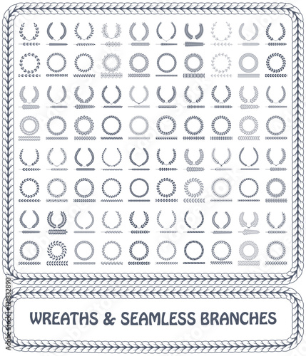 Wreaths, branches and seamless foliage patterns. Vector illustration.