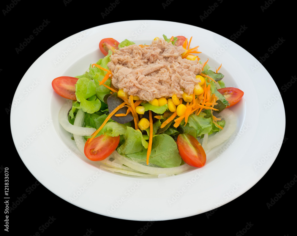 Tuna salad with lettuce and tomatoes isolated on the black background with clipping path Tuna salad with lettuce and tomatoes isolated on the black background with clipping path