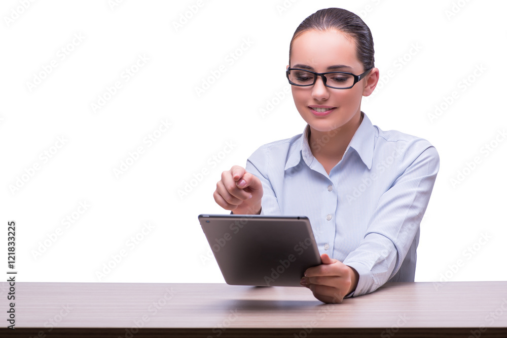 Businesswoman working tablet computer on white background Businesswoman working tablet computer on white background