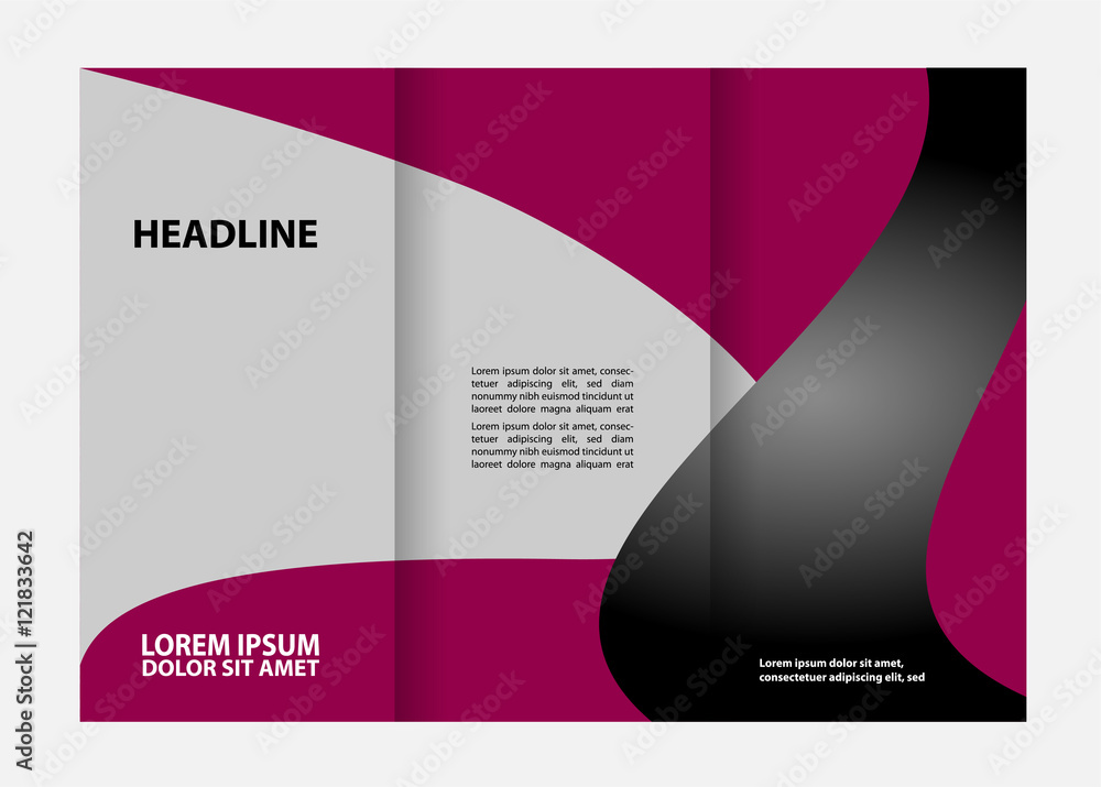 Fototapeta premium Template design of red trifold brochure with stripes and circles. Editable and light vector with places for photos. Proportionally A4 