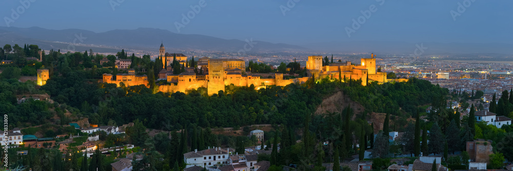 Panorama of night Alhambra in Granada