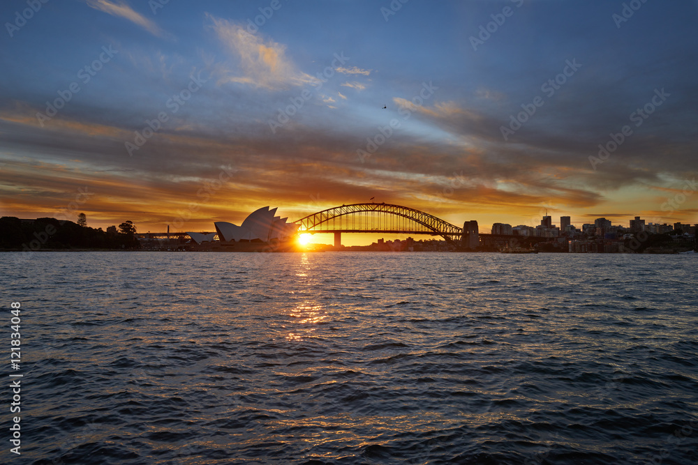Opera house  and Harbour bridge with twilight sunset at dusk.