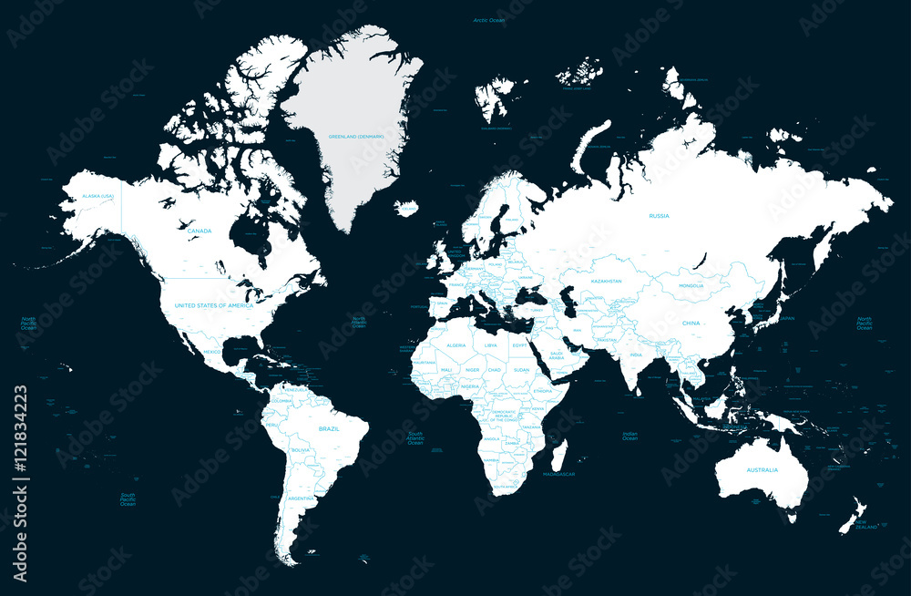 Obraz premium High detail political world map on a dark background and big cities. Vector