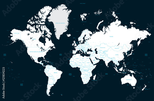 High detail political world map on a dark background and big cities. Vector