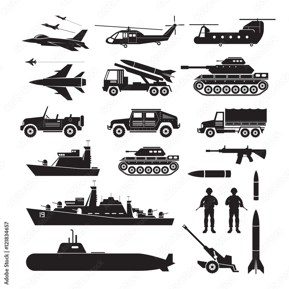 Military Vehicles Object Silhouette Set, Side View, Army, Air Force, Navy, Marine, Black and White Icons and Symbols Military Vehicles Object Silhouette Set, Side View, Army, Air Force, Navy, Marine, Black and White Icons and Symbols