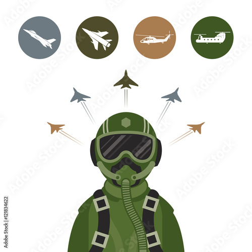 Military Fighter Jet Pilot with Military Aircraft Icons and Symbols