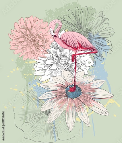 Vector sketch of a flamingo with flowers. Hand drawn illustration
