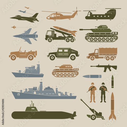 Military Vehicles Object Symbols Set, Side View, Army, Air Force, Navy, Marine, Icons