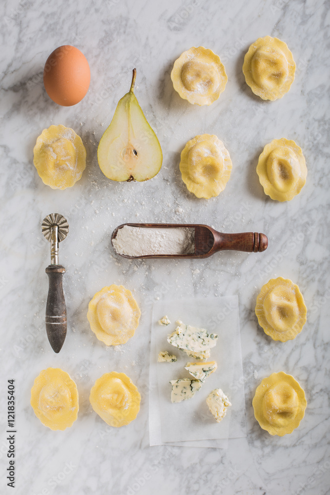 Homemade raviolis filled with gorgonzola and pear Homemade raviolis filled with gorgonzola and pear