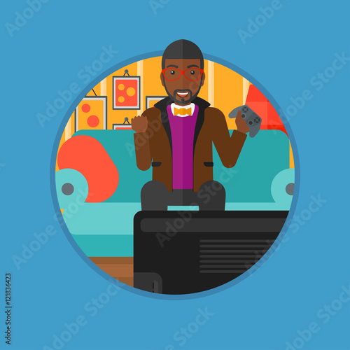 Man playing video game vector illustration.
