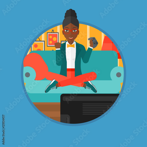 Woman playing video game vector illustration.