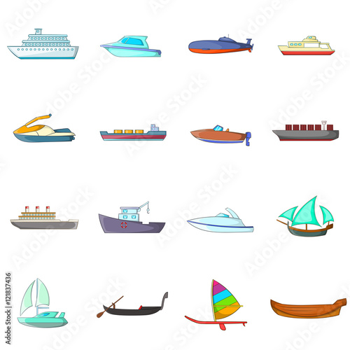 Ship and boat icons set in cartoon style. Marine and river vessels set collection vector illustration