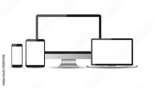 Realistic device flat Icons: smartphone, tablet, laptop and desktop computer. Vector illustration