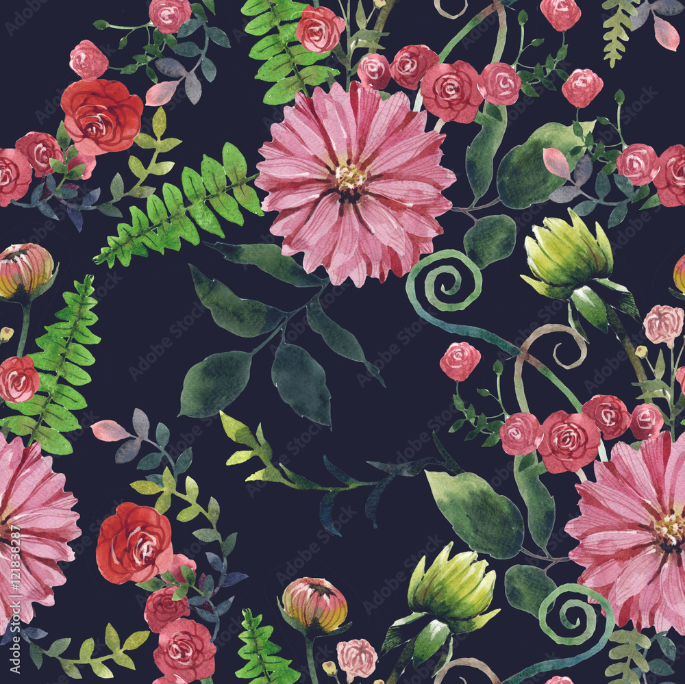 Fototapeta premium Draw a pattern flowers watercolour black background.