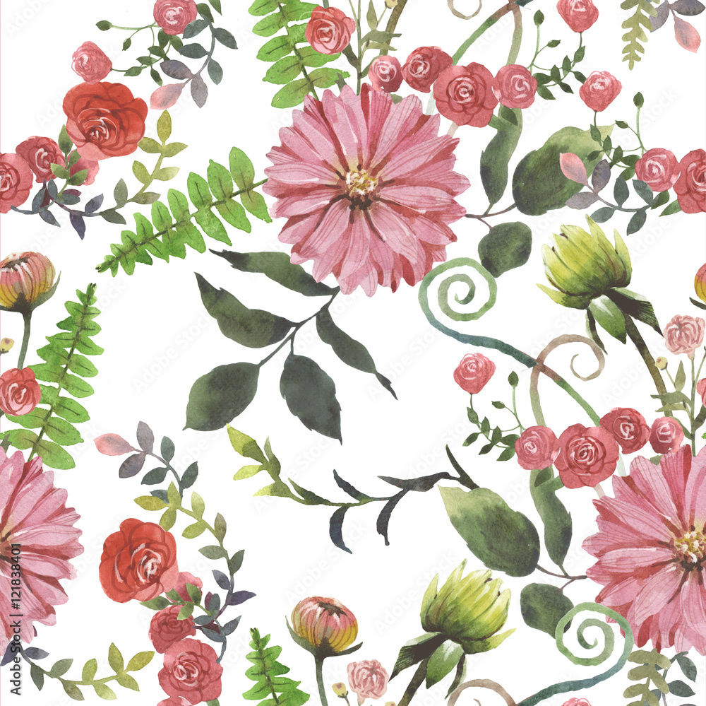 Draw a pattern flowers watercolour white background.