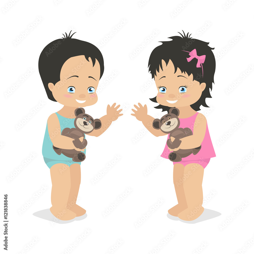Smiling baby boy and girl twins. Happy smiling children. Colorful vector illustration on a white background Smiling baby boy and girl twins. Happy smiling children. Colorful vector illustration on a white background