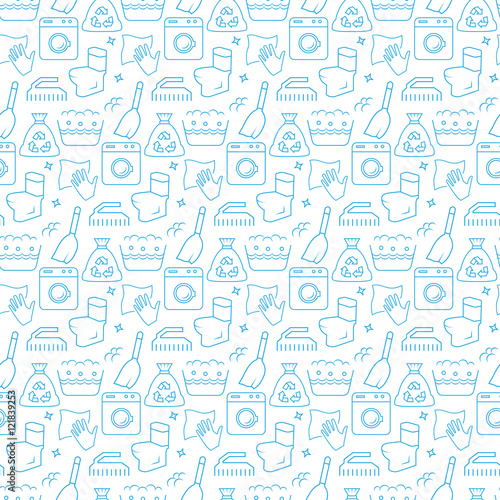 Seamless pattern with icons of cleaning items. Vector illustration.