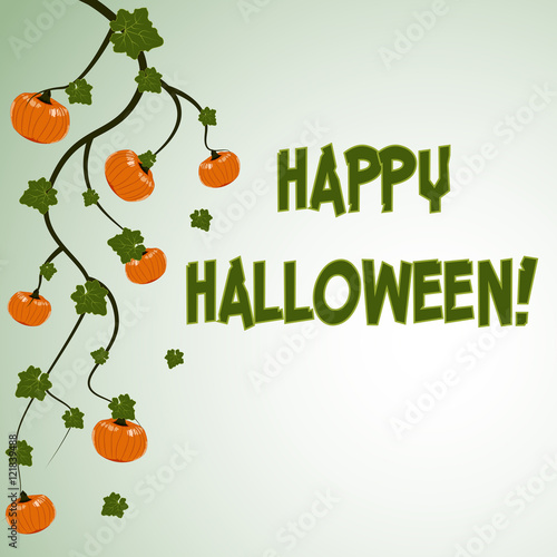 Halloween postcard green background with pumpkins and inscription Happy Halloween. Vector illustration