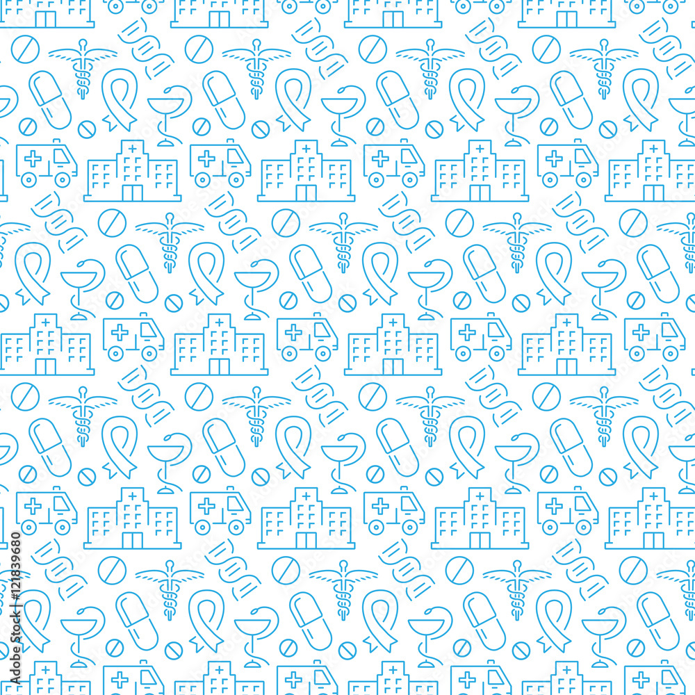 Seamless pattern with icons of medical items. Vector illustration.
