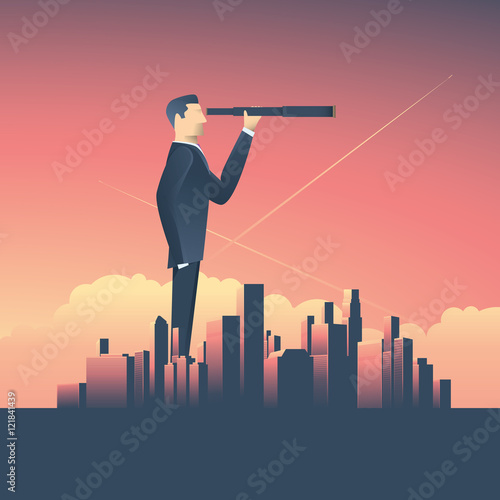 Vision concept in business with vector icon of businessman and telescope, monocular, corporate skyline cityscape background. Symbol leadership, strategy, mission, objectives.