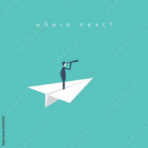 Businessman with monocular on paper plane as a symbol of business leadership.