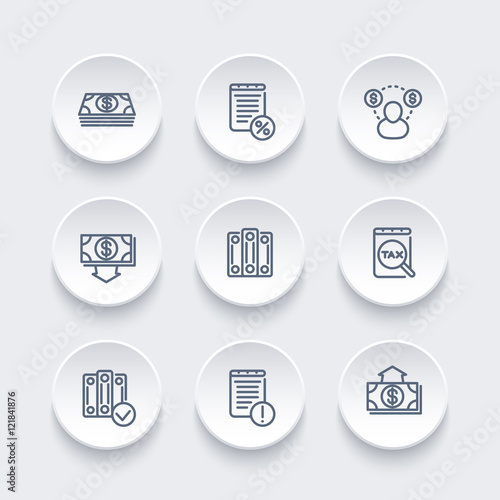 Bookkeeping line icons set, tax, payroll, cost, accounting