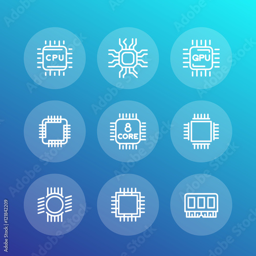 Chipset, cpu line icons set, microchip, gpu, 8-core processor, vector illustration