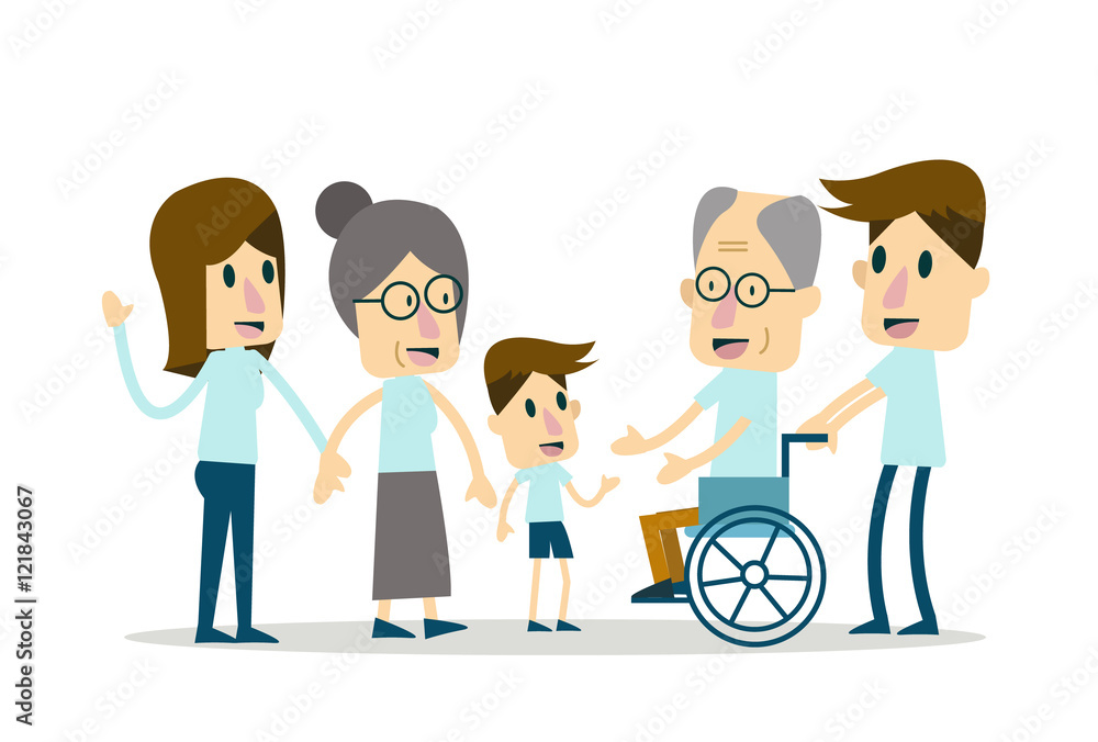 Happy Family and elderly care. flat character design. vector illustration Happy Family and elderly care. flat character design. vector illustration
